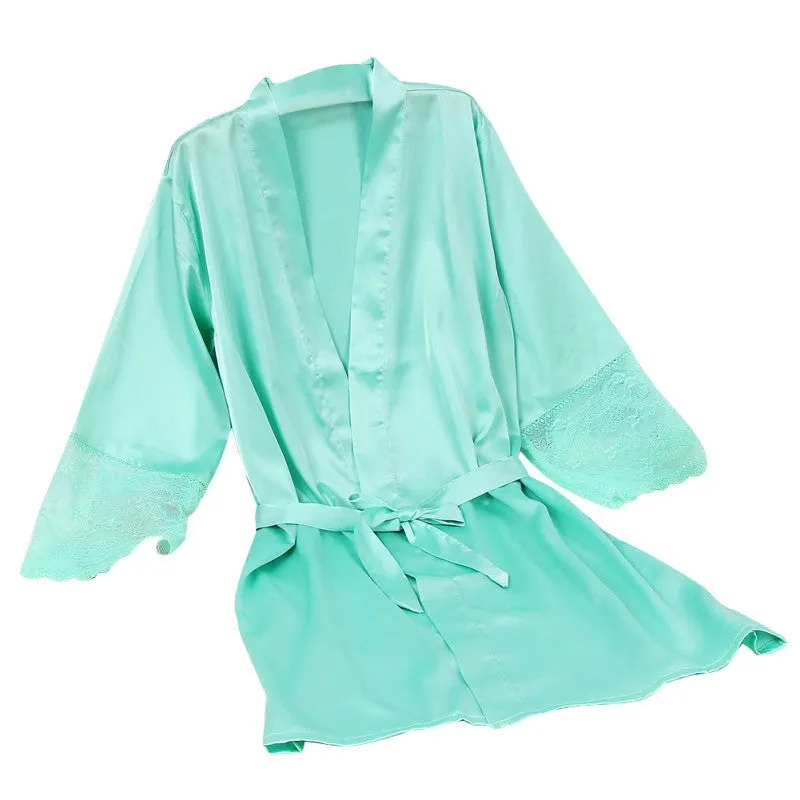 Mid-sleeve Women Deep-V Nightwear Robes Plus Size Lace Silk Female Bathrobes Sleepwear