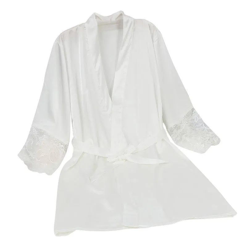 Mid-sleeve Women Deep-V Nightwear Robes Plus Size Lace Silk Female Bathrobes Sleepwear