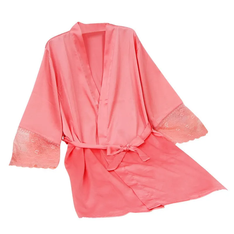 Mid-sleeve Women Deep-V Nightwear Robes Plus Size Lace Silk Female Bathrobes Sleepwear