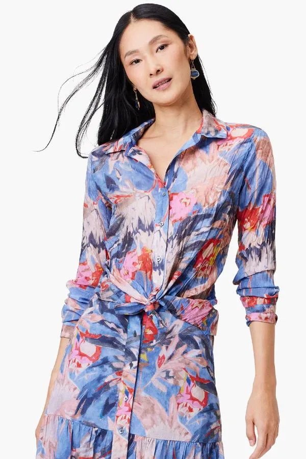 NIC ZOE Blue/Multi Dreamscape Crinkle Button Front Shirt S241644