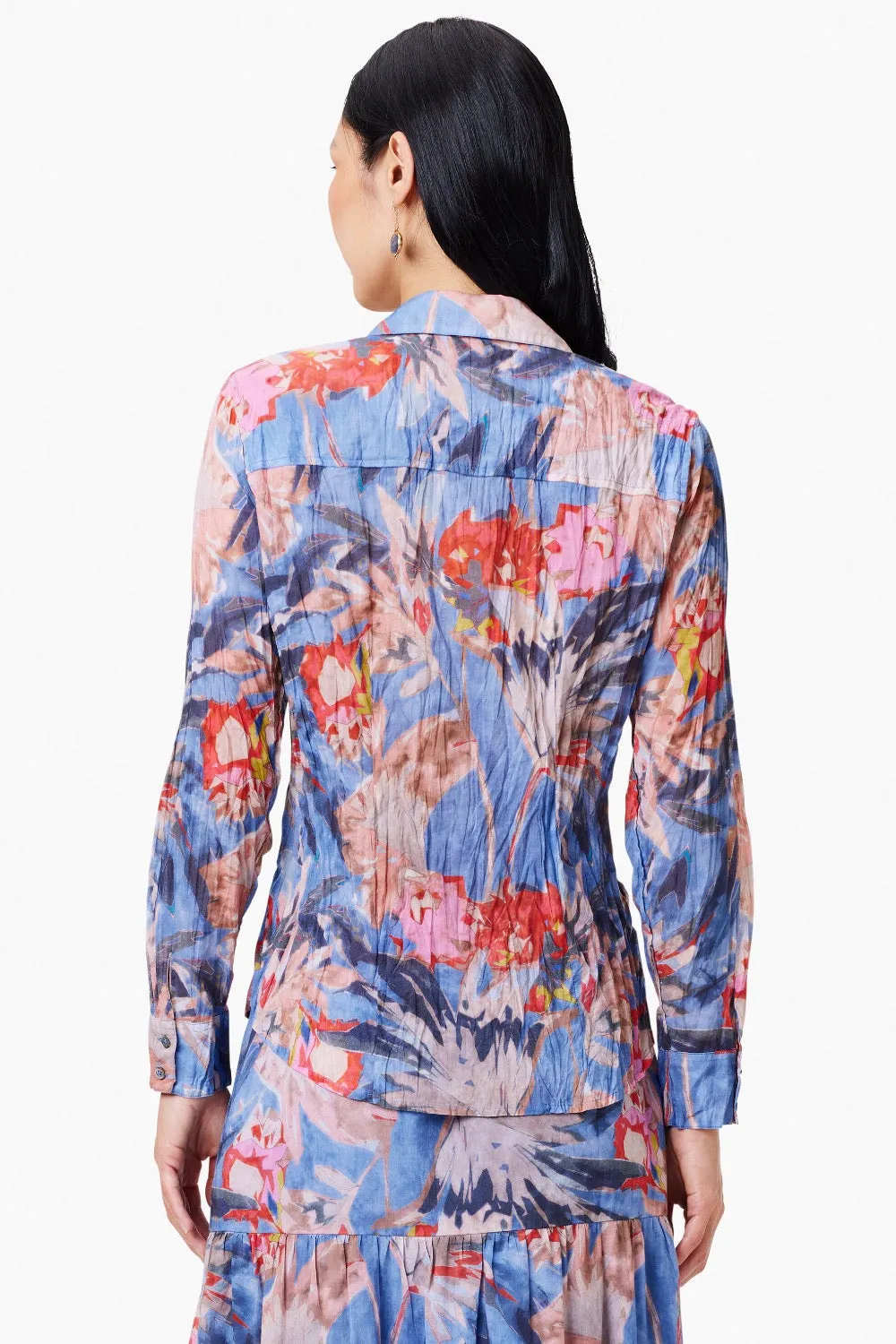 NIC ZOE Blue/Multi Dreamscape Crinkle Button Front Shirt S241644