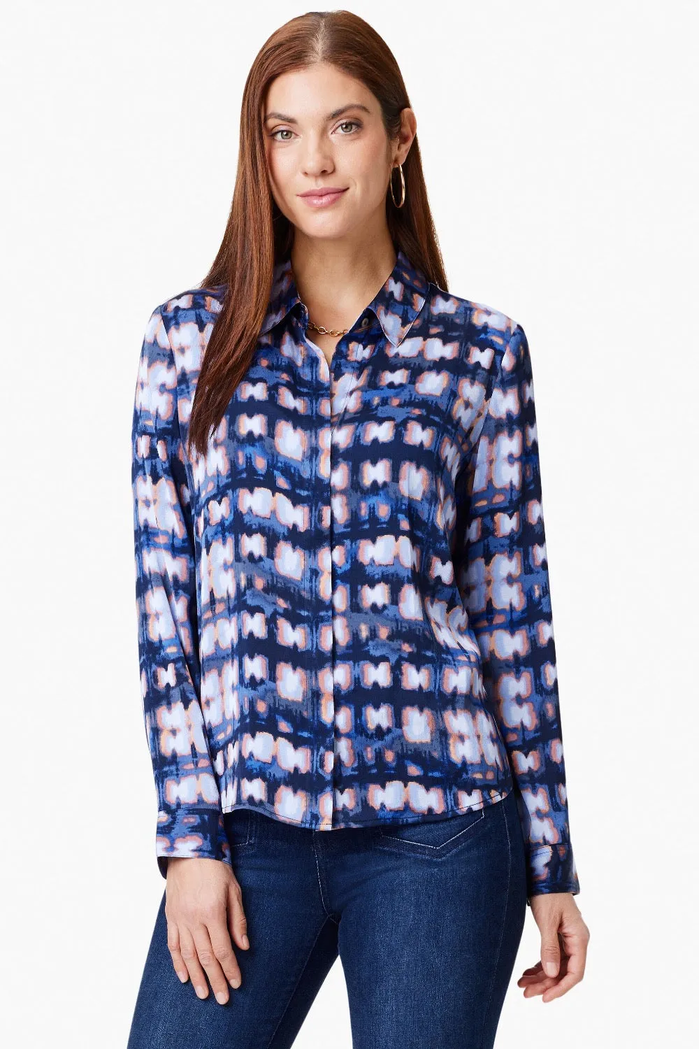 NIC ZOE Indigo/Multi Shibori Glow Button Front Shirt S241614