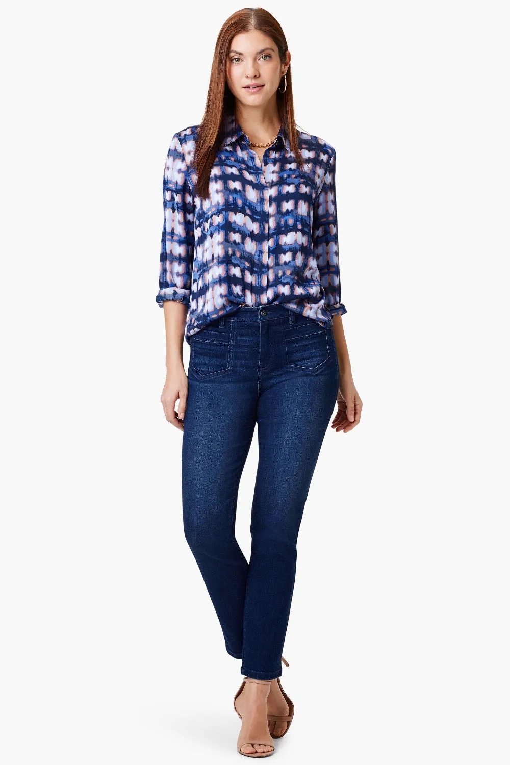 NIC ZOE Indigo/Multi Shibori Glow Button Front Shirt S241614