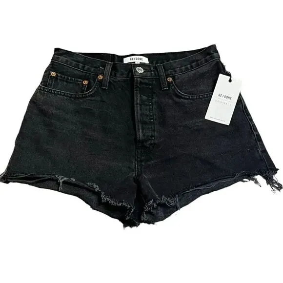 NWT  Re/Done X REVOLVE 70’s High Rise Broken Black distressed hem shorts size 26