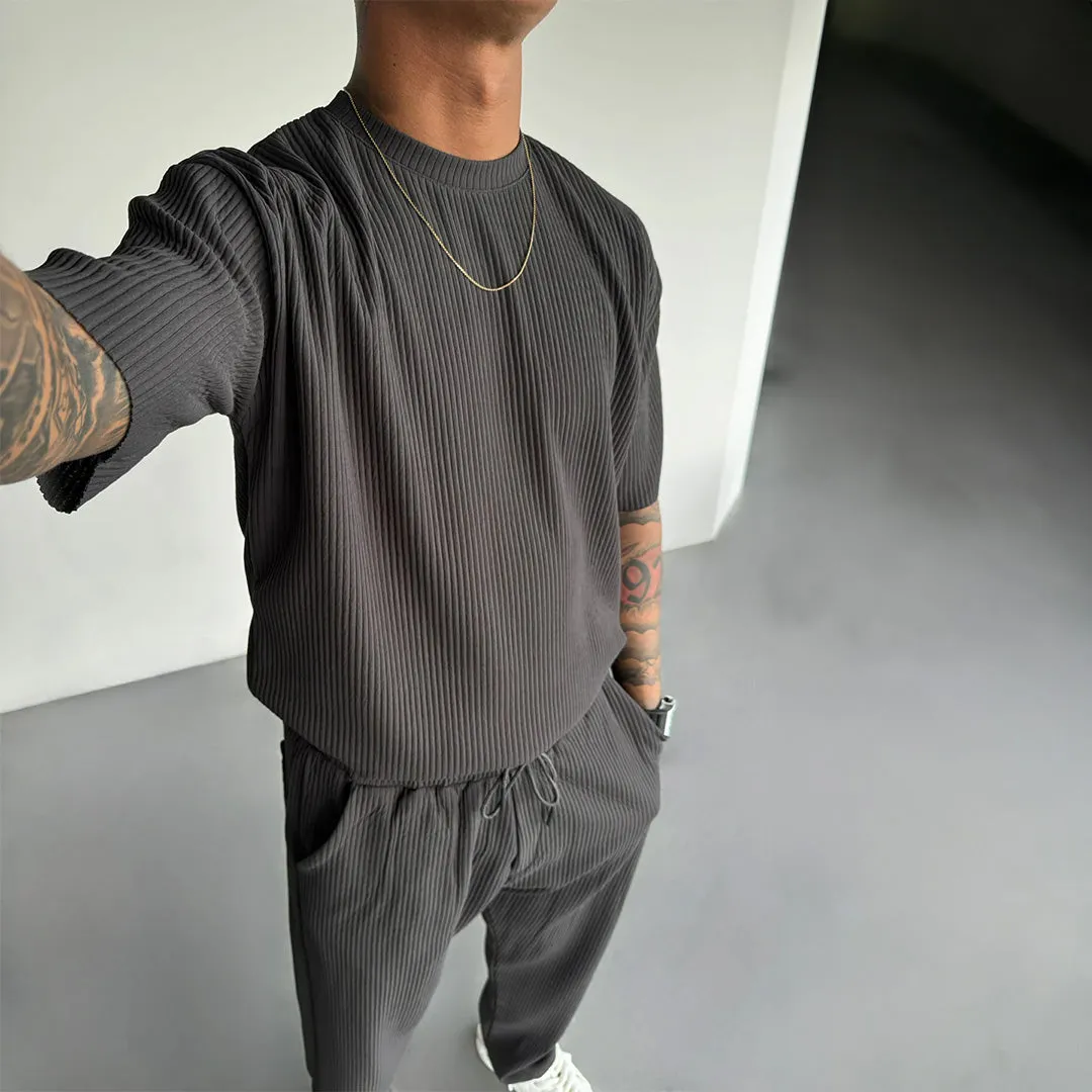 Oversized Quarter Sleeve O Neck T-Shirt & Trouser Set - Anthracite
