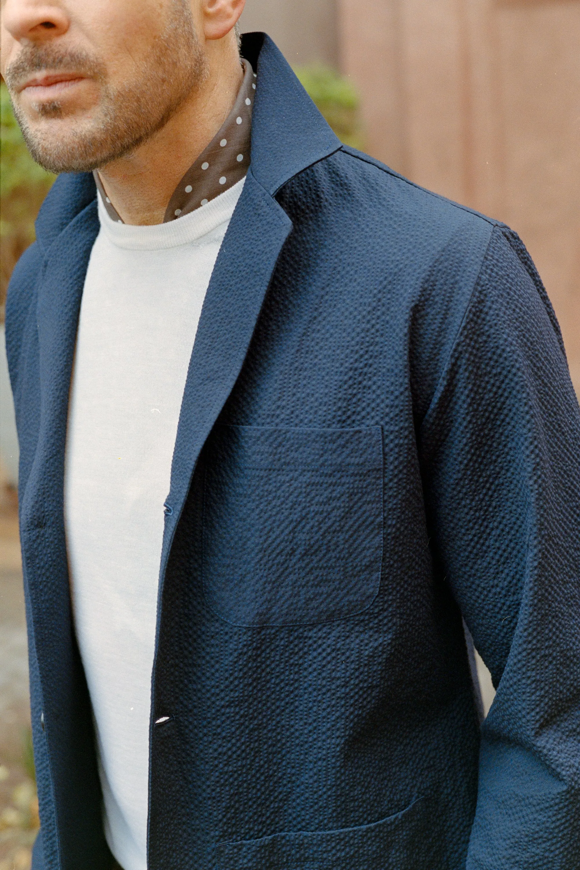Painters Jacket in Navy Blue Seersucker