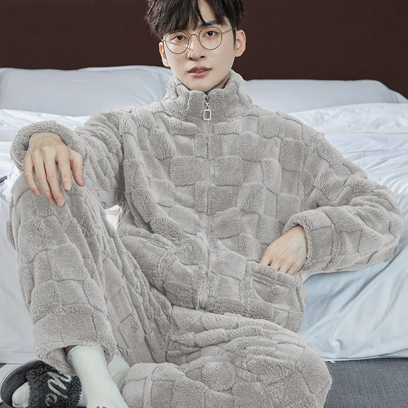 Pajamas Men's Jacquard Flannel Loose Fleece-lined Warm Loungewear
