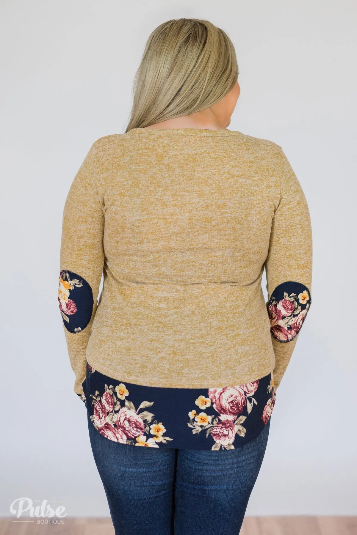 Patches of Floral Long Sleeve Top- Heathered Mustard