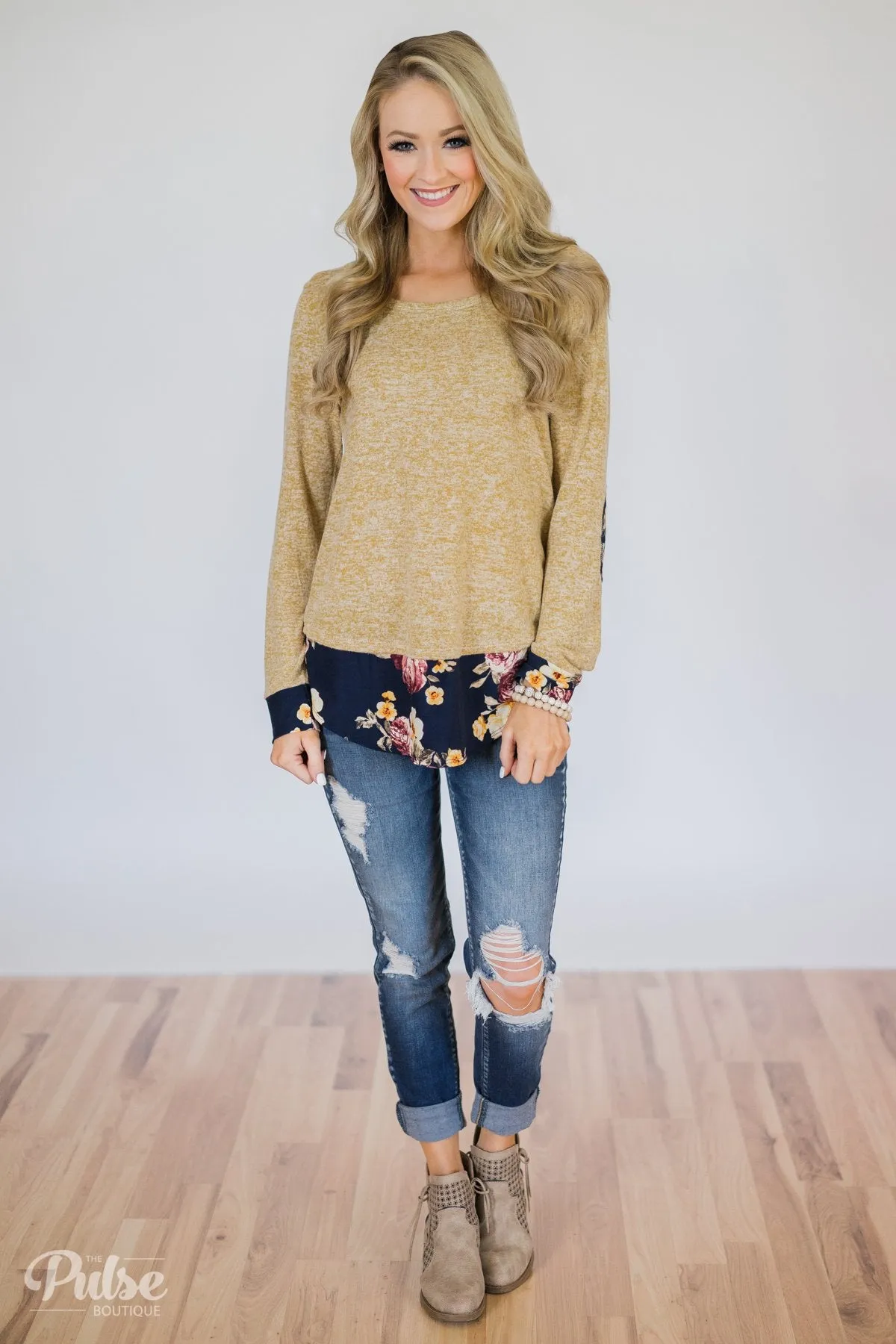 Patches of Floral Long Sleeve Top- Heathered Mustard