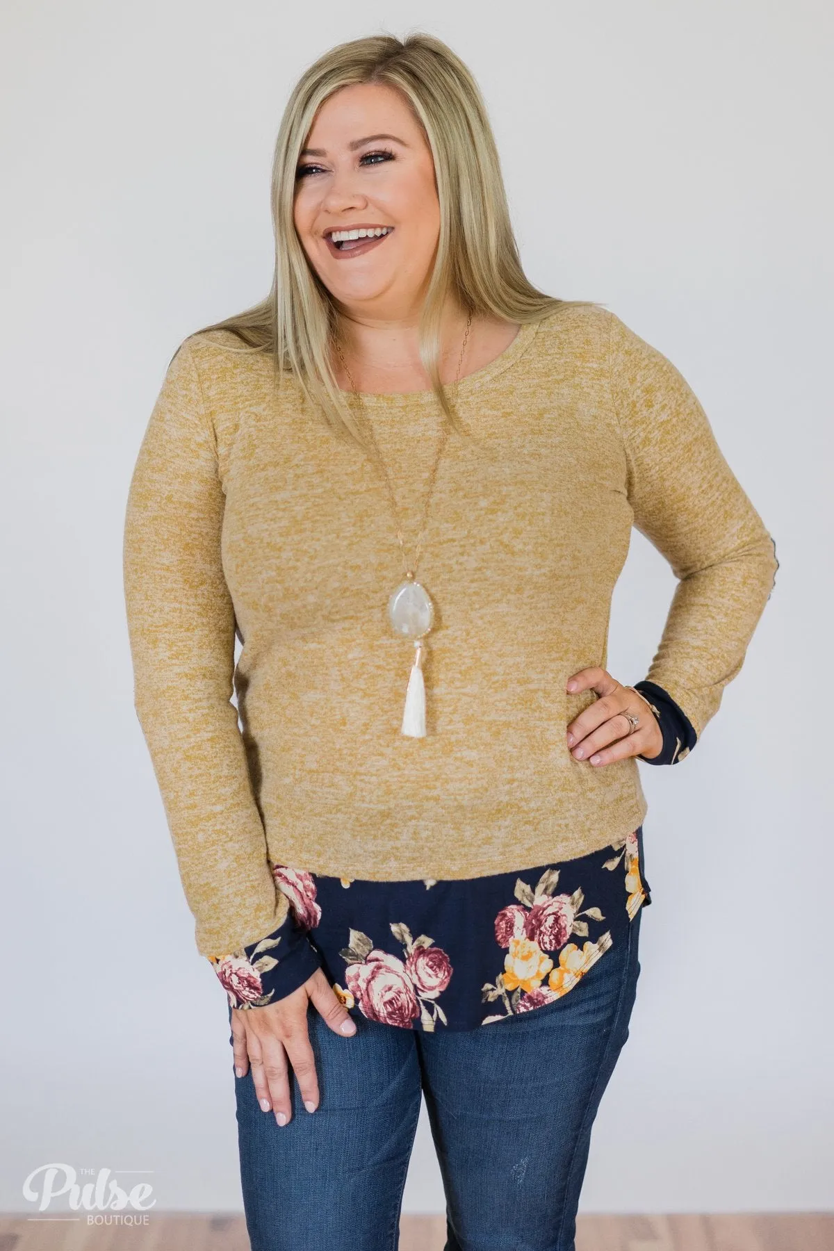 Patches of Floral Long Sleeve Top- Heathered Mustard