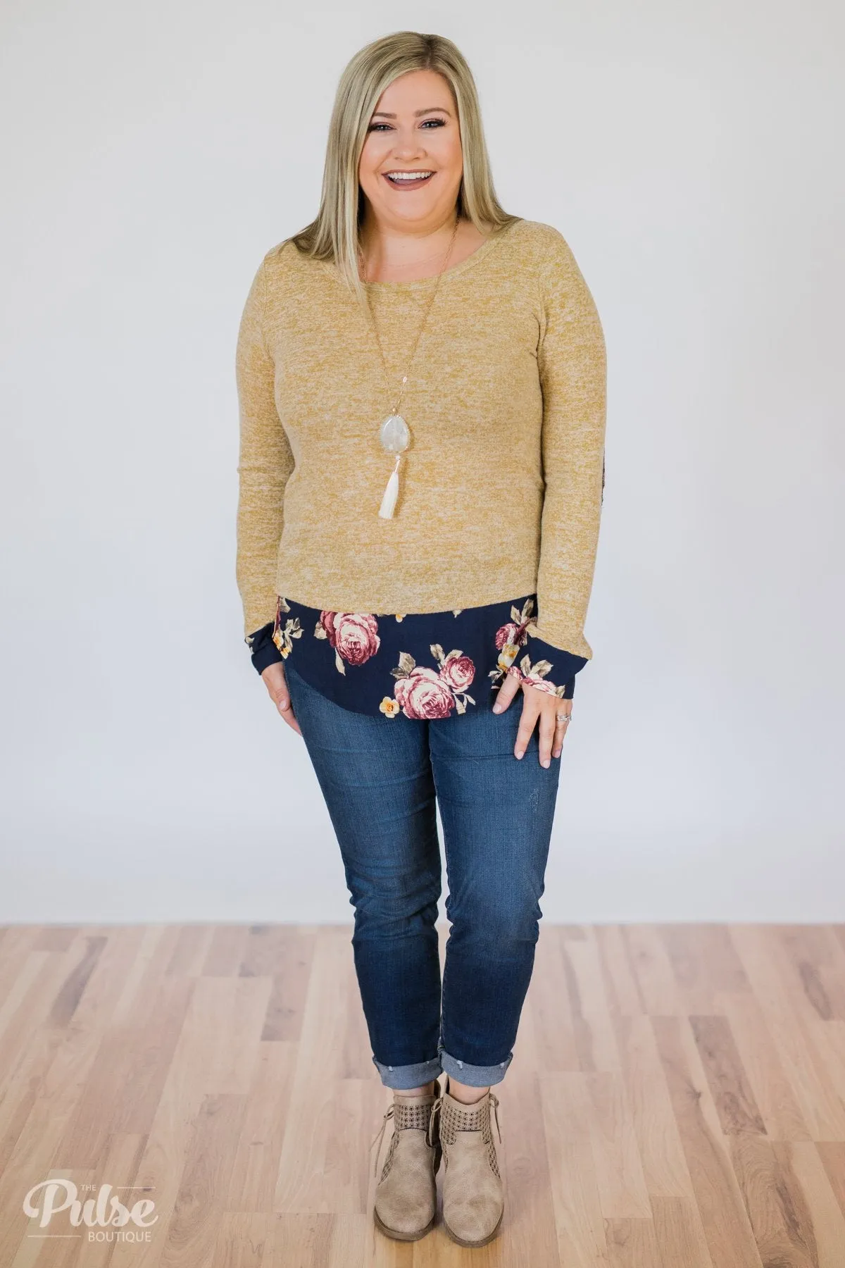 Patches of Floral Long Sleeve Top- Heathered Mustard