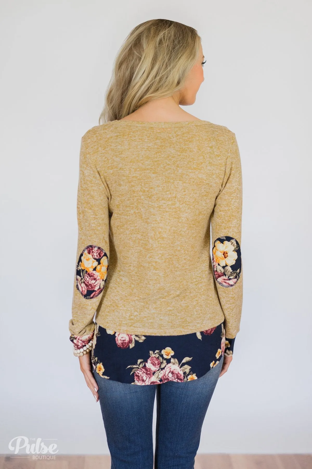 Patches of Floral Long Sleeve Top- Heathered Mustard
