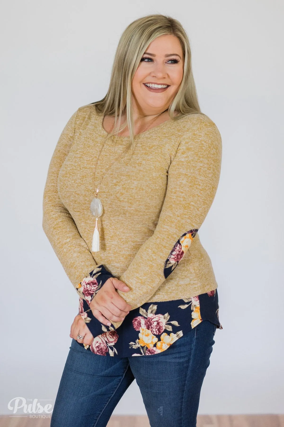 Patches of Floral Long Sleeve Top- Heathered Mustard