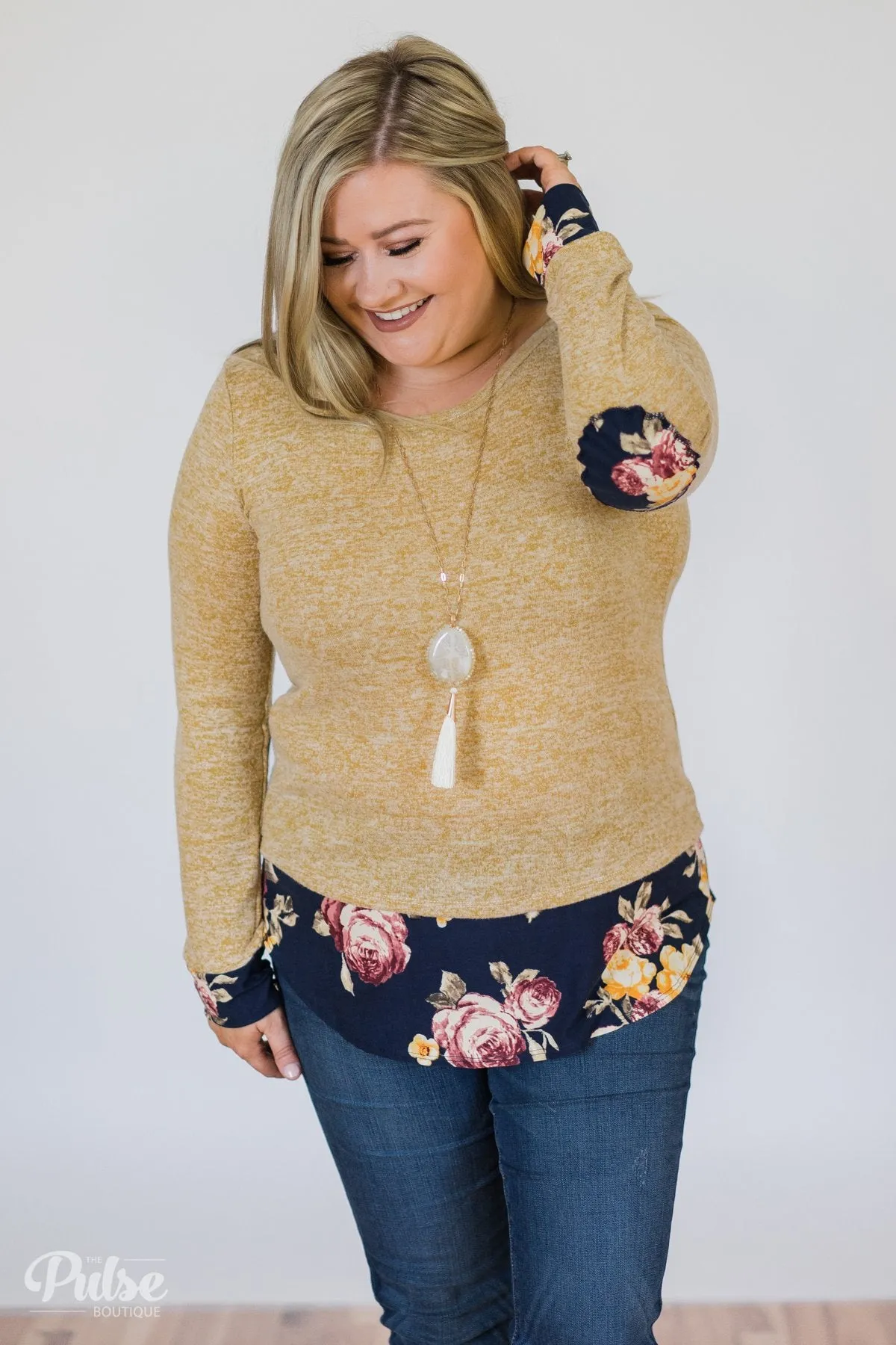 Patches of Floral Long Sleeve Top- Heathered Mustard