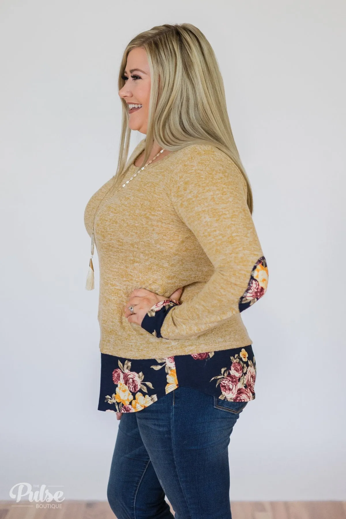 Patches of Floral Long Sleeve Top- Heathered Mustard