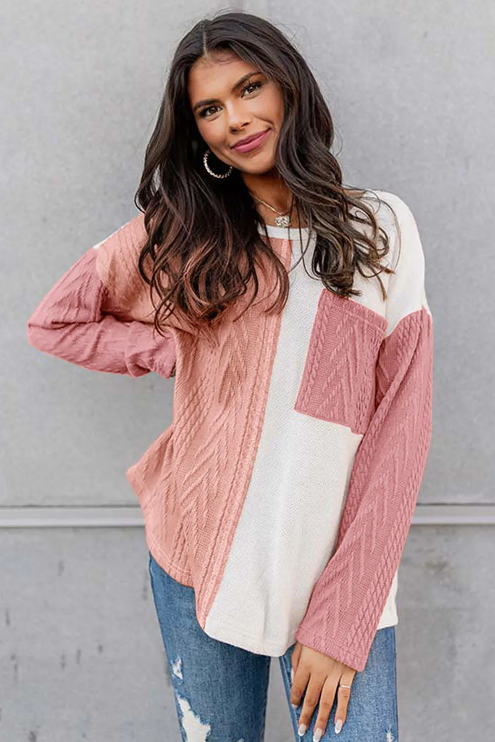 Peach Blossom Orange Long Sleeve Colorblock Chest Pocket Textured Knit Top