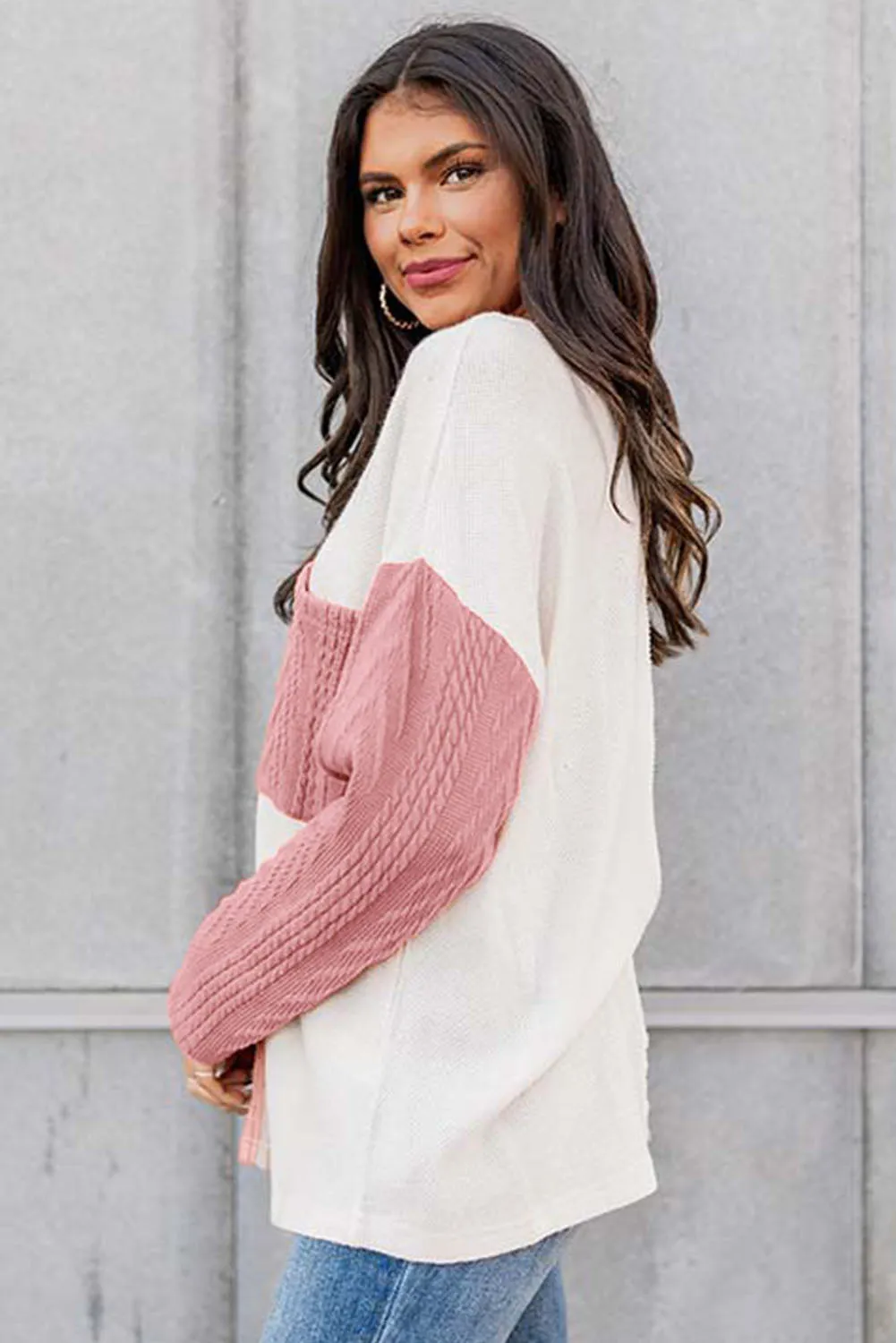 Peach Blossom Orange Long Sleeve Colorblock Chest Pocket Textured Knit Top