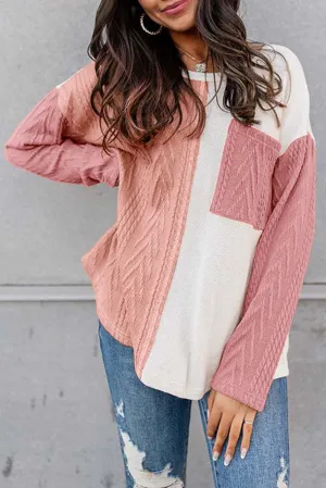 Peach Blossom Orange Long Sleeve Colorblock Chest Pocket Textured Knit Top