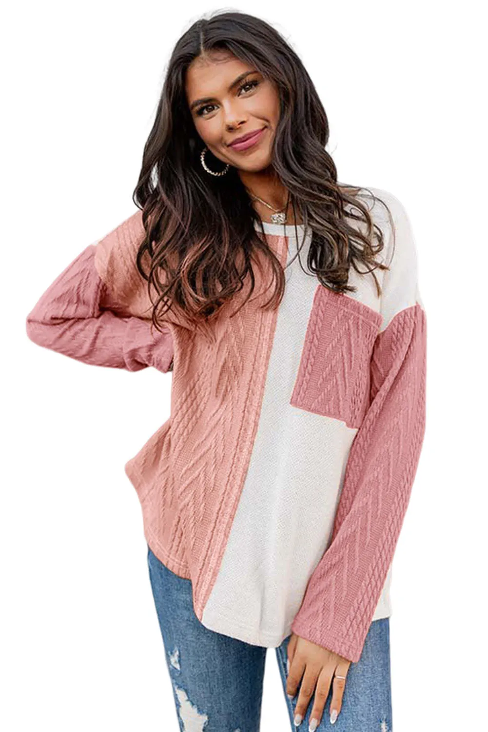 Peach Blossom Orange Long Sleeve Colorblock Chest Pocket Textured Knit Top