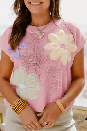 Pink Big Flower Knit Short Sleeve Sweater