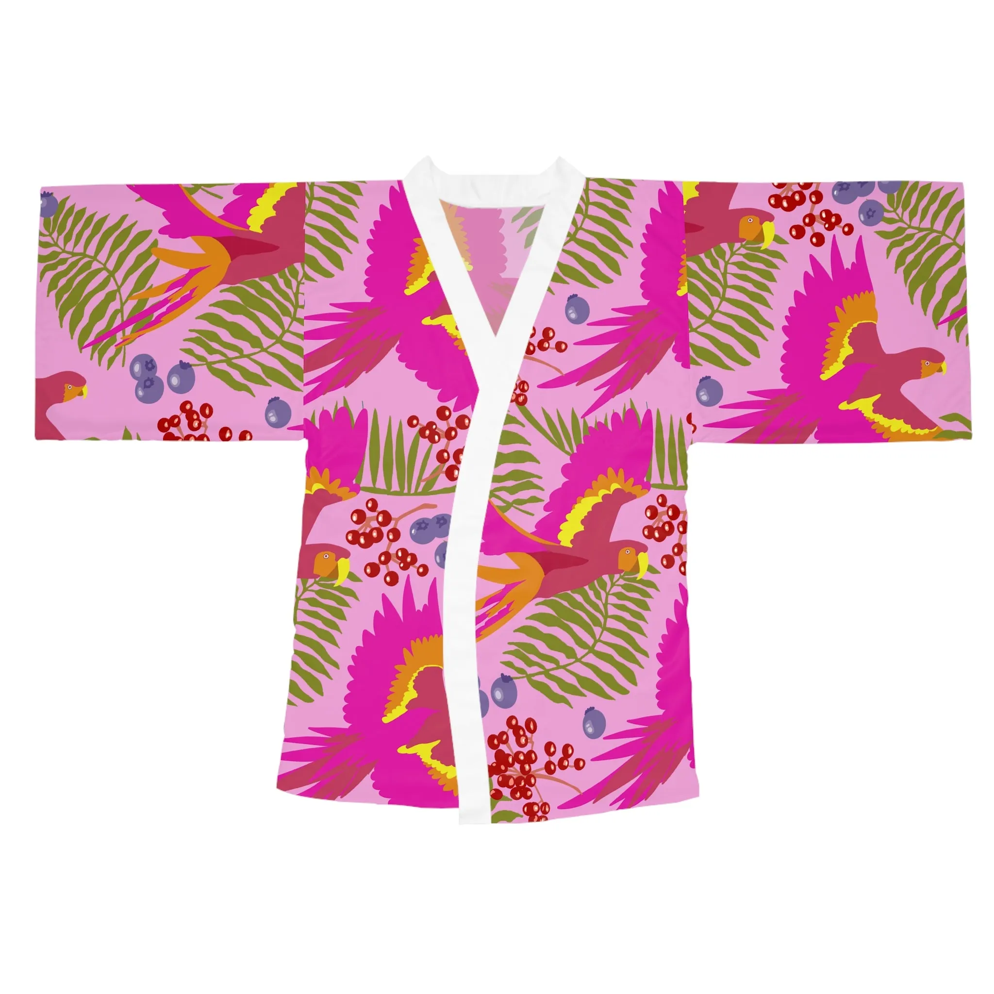 Pink Parrot Print Beach Kimono