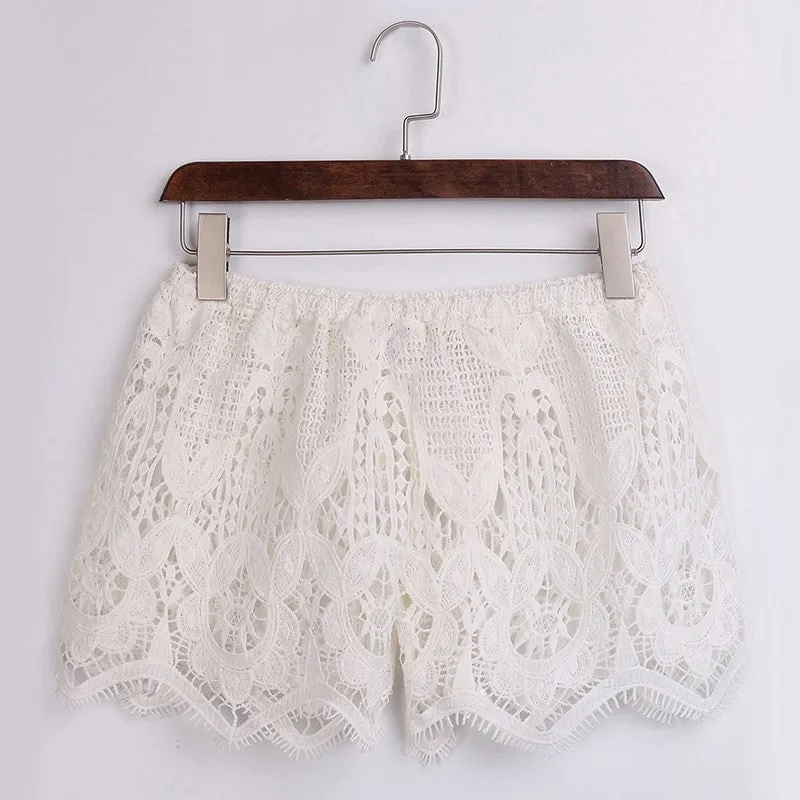 Plus Size S-3XL Women Girl Lace White Culottes Boho Shorts Crochet Floral Shorts See Through Hollow Out Shorts