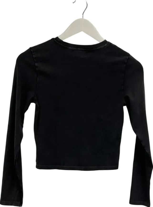 Pull&Bear Long Sleeve T-shirt In Dark Grey Acid Wash UK M
