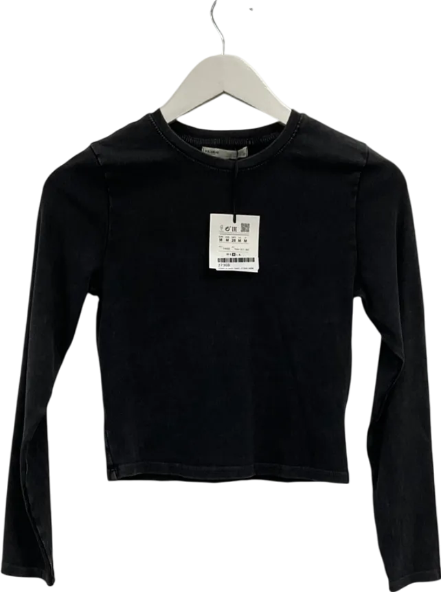 Pull&Bear Long Sleeve T-shirt In Dark Grey Acid Wash UK M