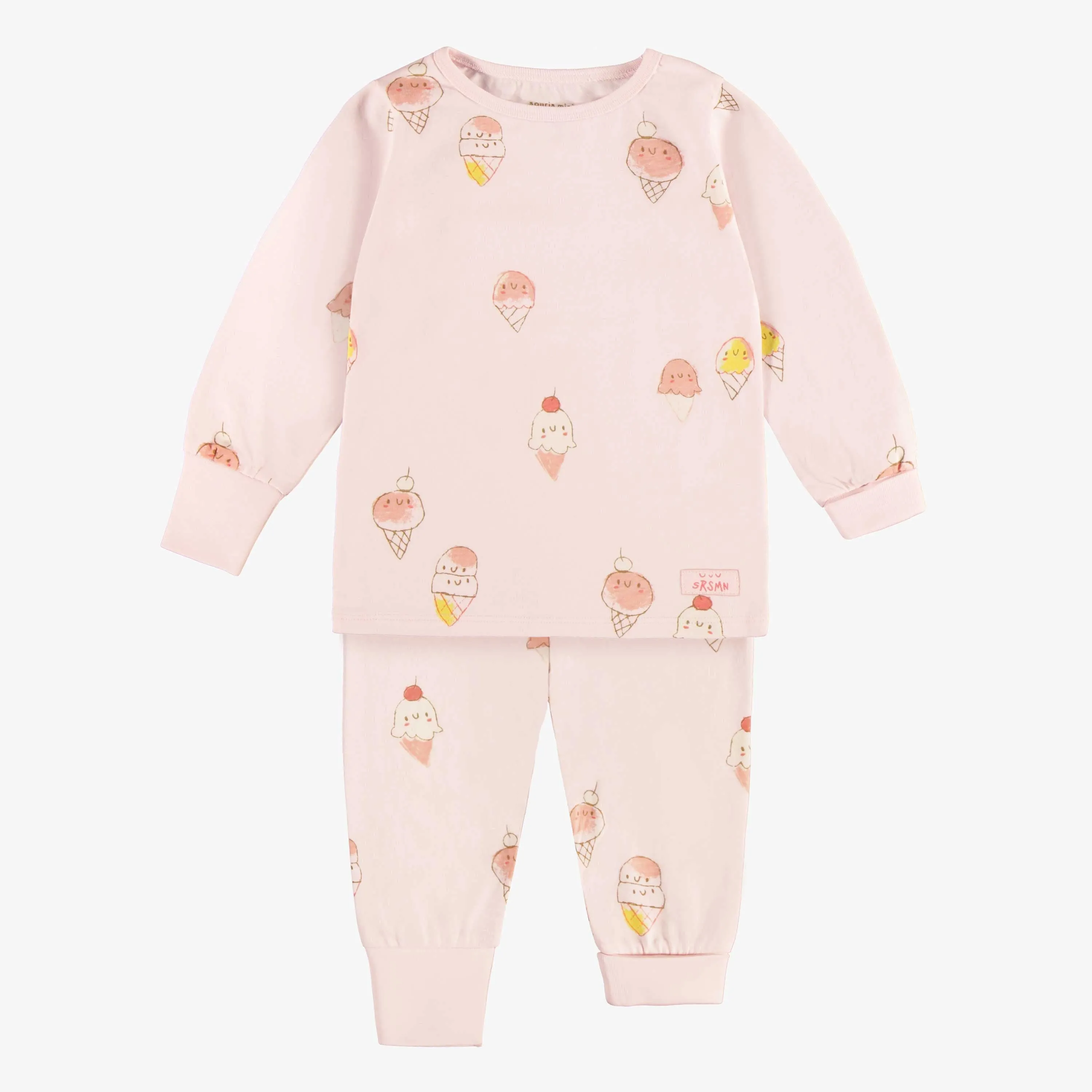 Pyjama rose pâle avec un motif de crèmes glacées en jersey, bébé || Light pink pajama with an ice cream print in jersey, baby