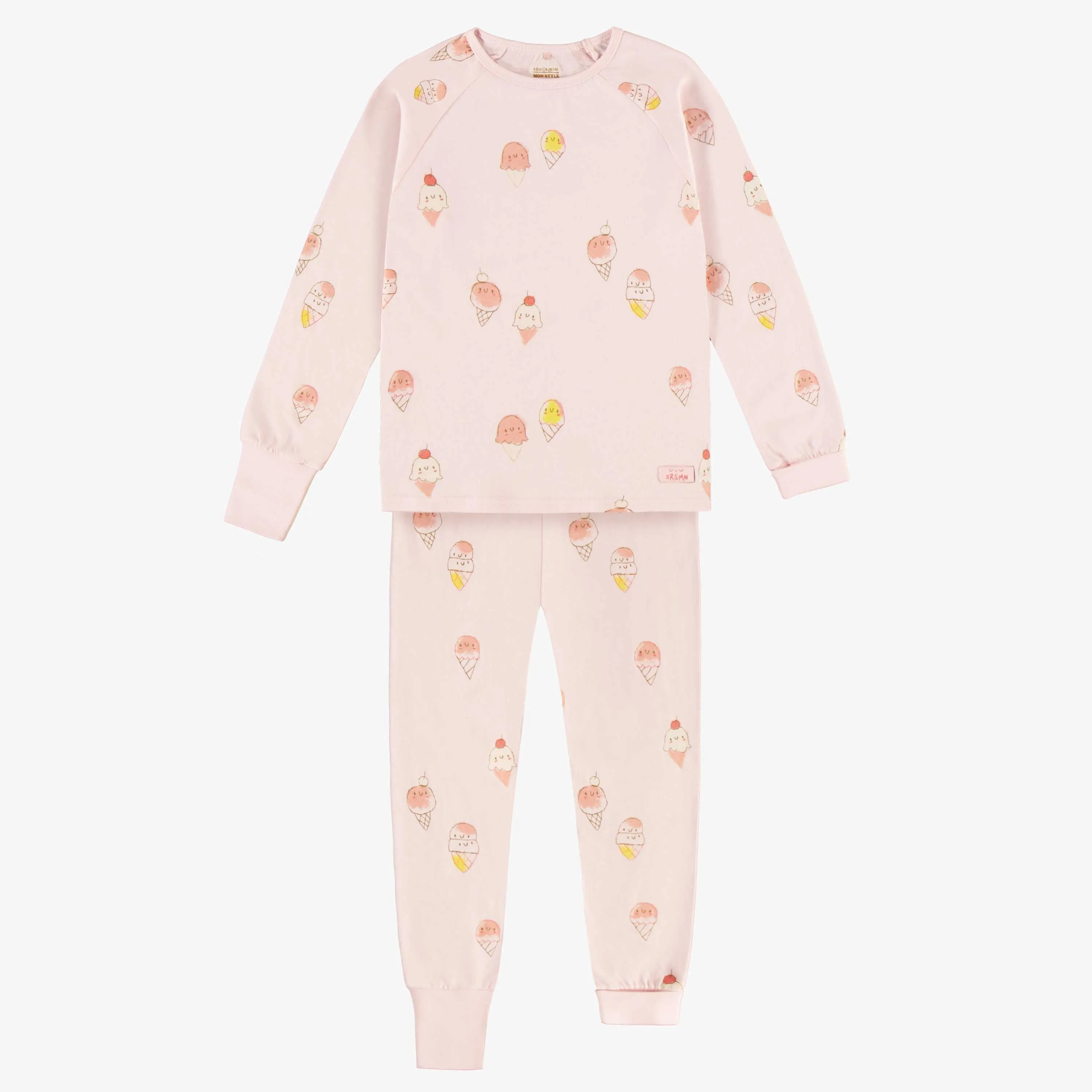 Pyjama rose pâle avec un motif de crèmes glacées en jersey, enfant || Light pink pajama with an ice cream print in jersey, child