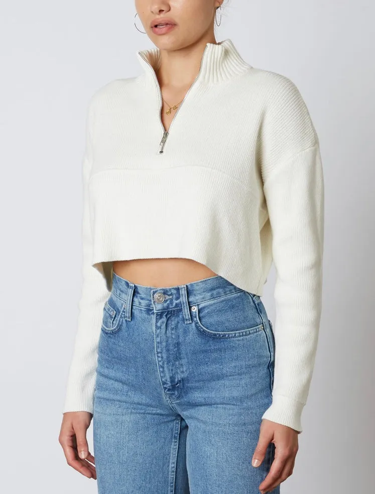 Quarter Zip Cropped Long Sleeve Drop Shoulder Sweater