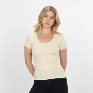 "Chunky" Cotton / Spandex Short Sleeve Scoop Neck Top - White Asparagus