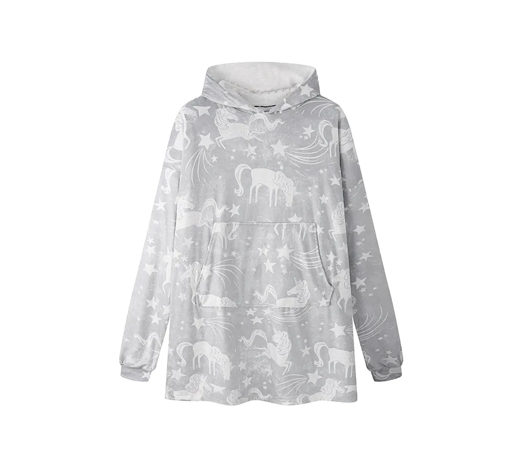 Reversible Hoodie Blanket Unisex Grey Unicorn