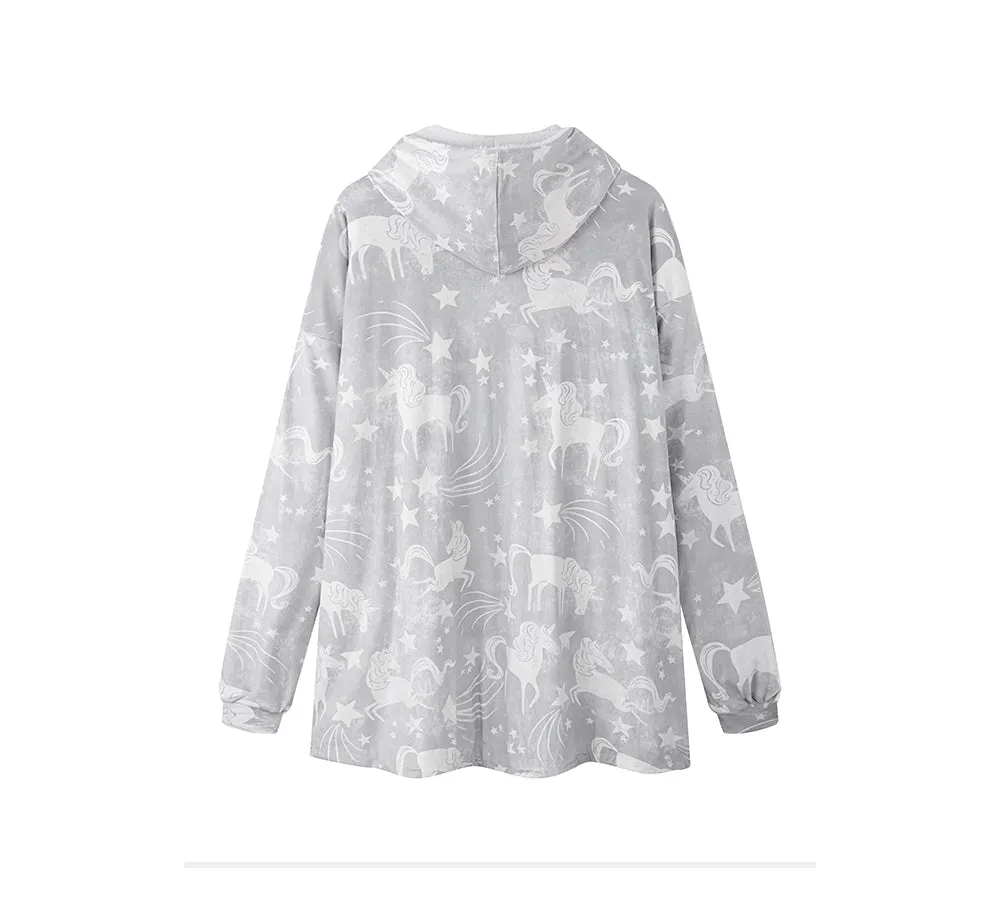 Reversible Hoodie Blanket Unisex Grey Unicorn