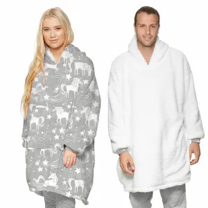 Reversible Hoodie Blanket Unisex Grey Unicorn