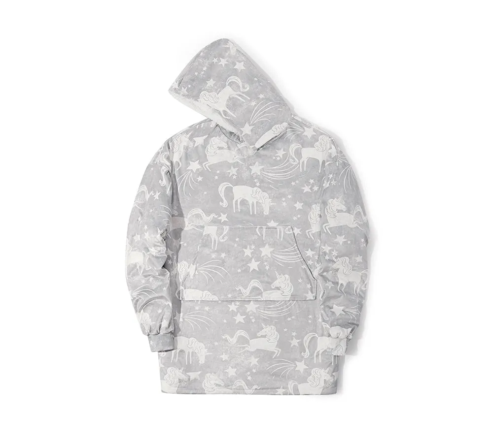 Reversible Hoodie Blanket Unisex Grey Unicorn