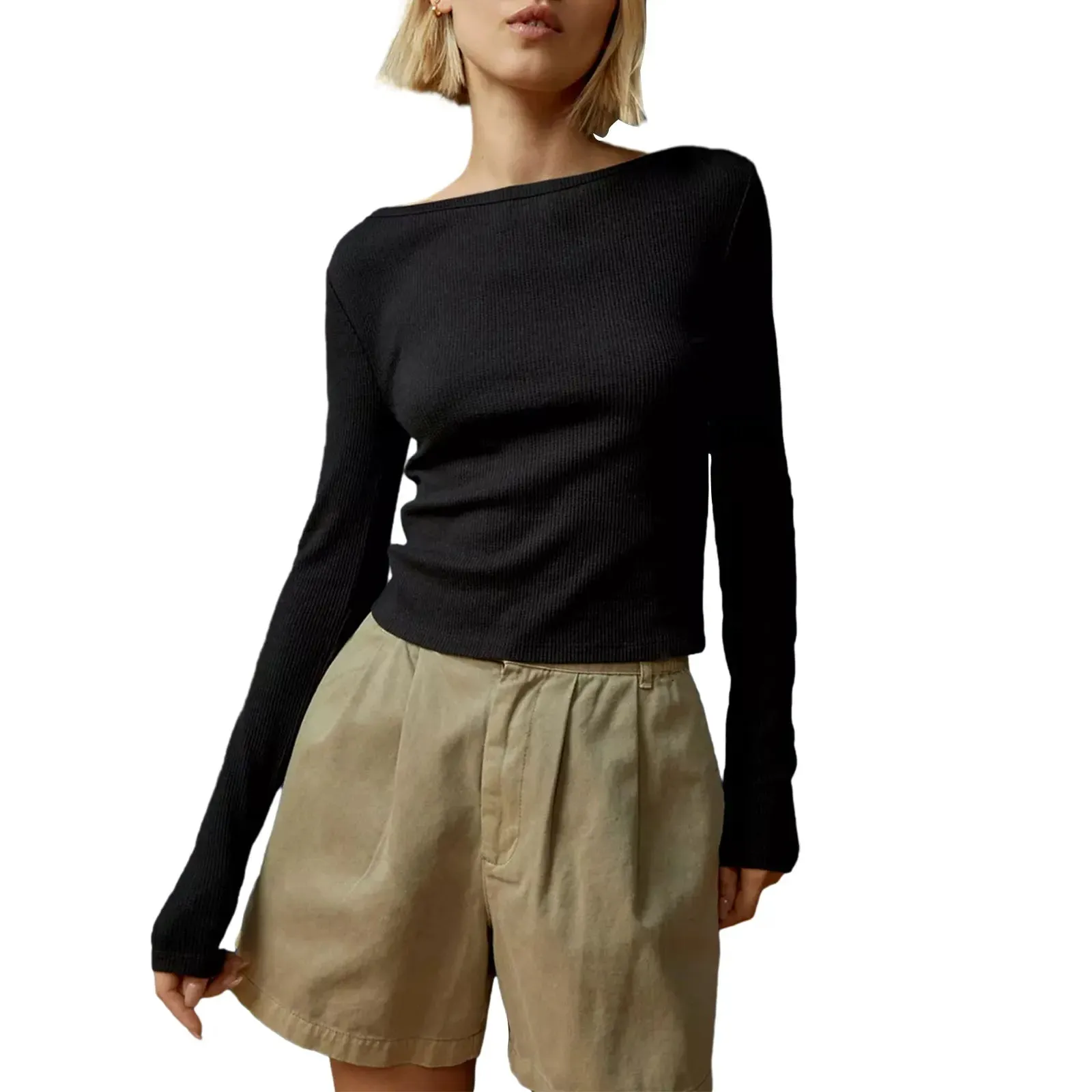 Ribbed Crewneck Long Sleeve Top