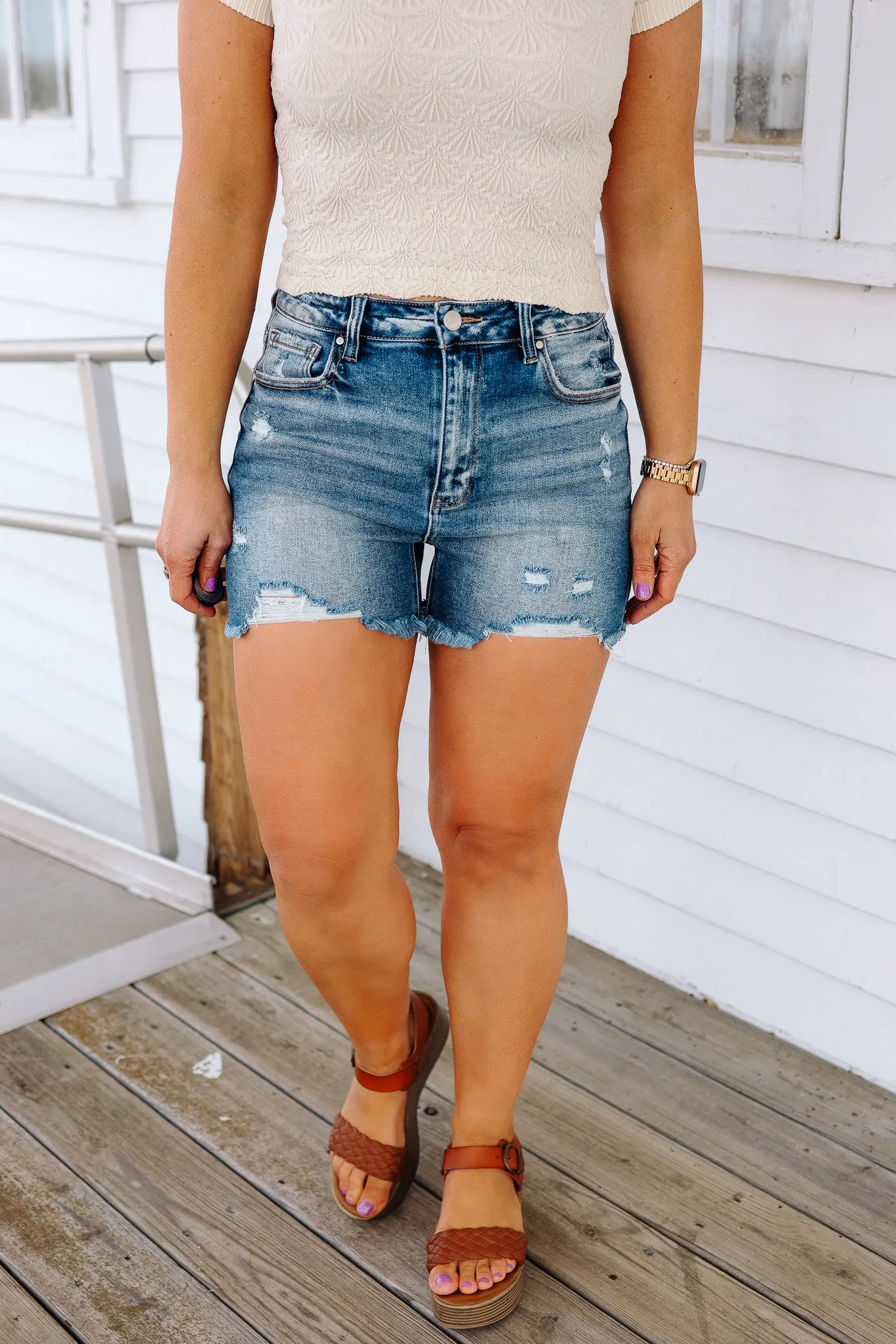 RISEN: Vada Distressed Shorts
