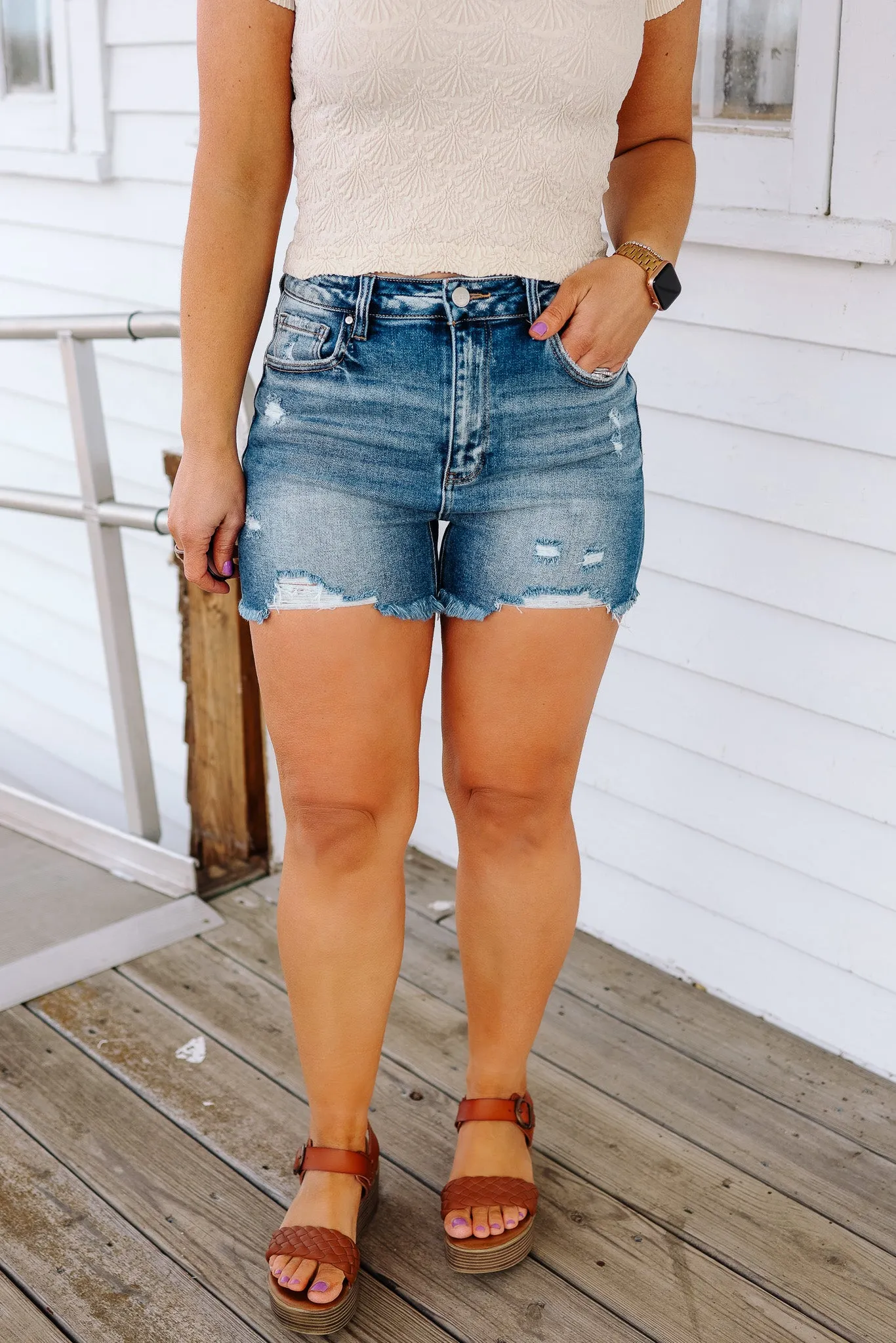 RISEN: Vada Distressed Shorts