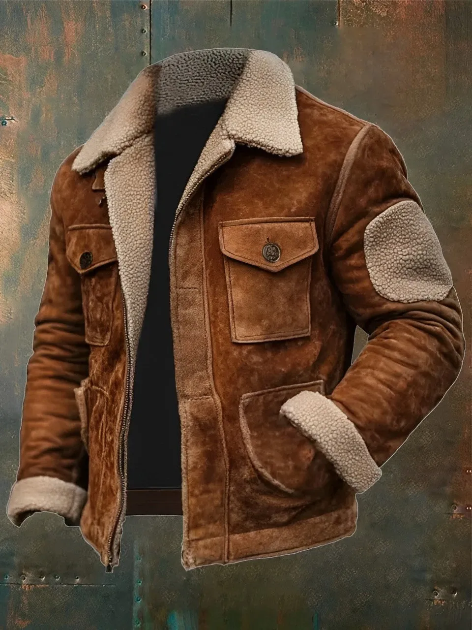Rustic leather jacket with sherpa lining for men
