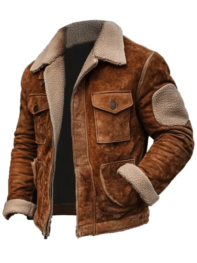 Rustic leather jacket with sherpa lining for men