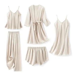 SAPJON Silk Pajamas for Women 5Pcs Sleepwear Loungewear Satin Robe Cami Shorts Pj Set Light Grey