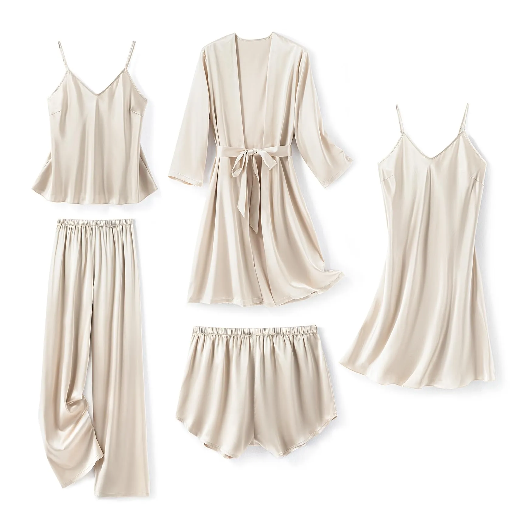 SAPJON Silk Pajamas for Women 5Pcs Sleepwear Loungewear Satin Robe Cami Shorts Pj Set Light Grey