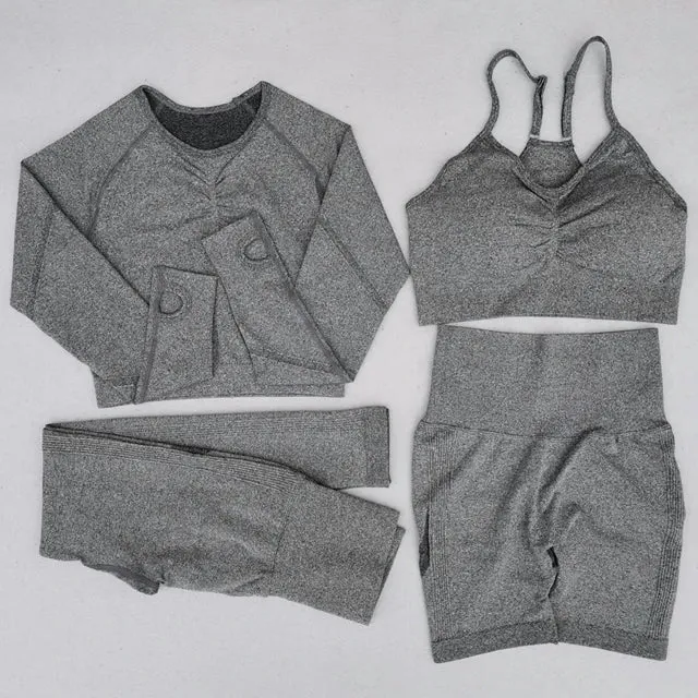 Seamless Women's Yoga Set - Long Sleeve Crop Top and High Waist Leggings - Workout Sportswear Gym Clothing (2/3/4PCS)