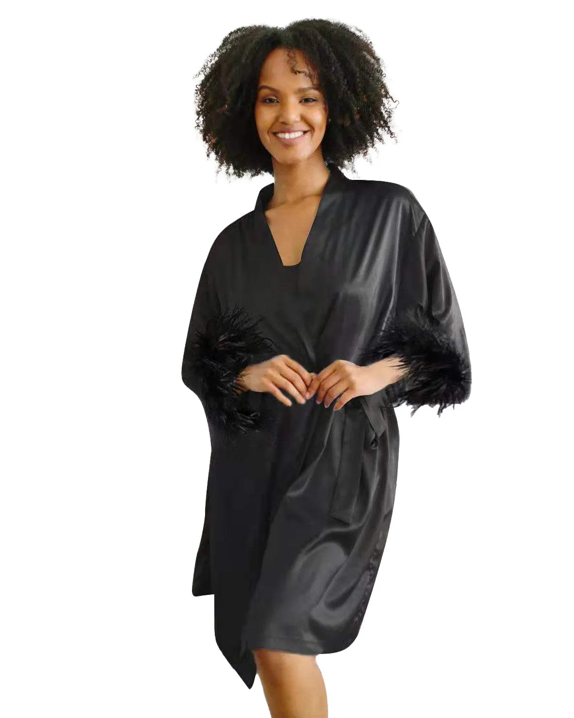 Short Feather Trim Satin Robe