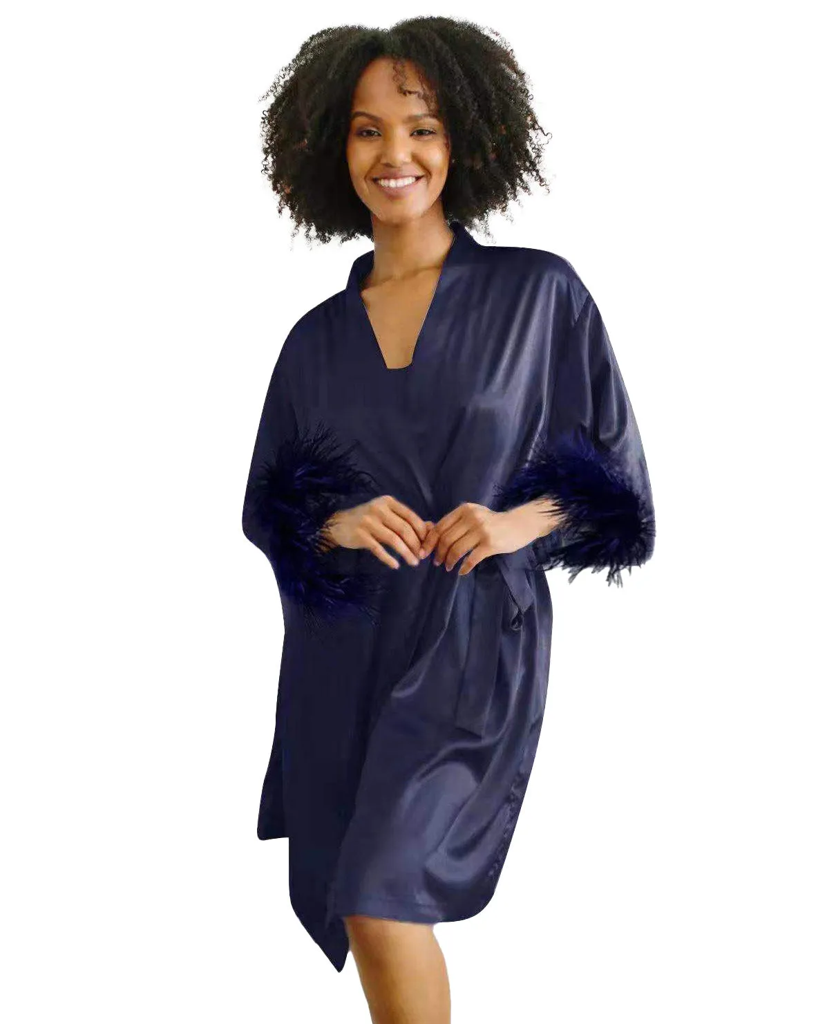 Short Feather Trim Satin Robe