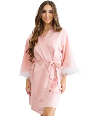 Short Feather Trim Satin Robe