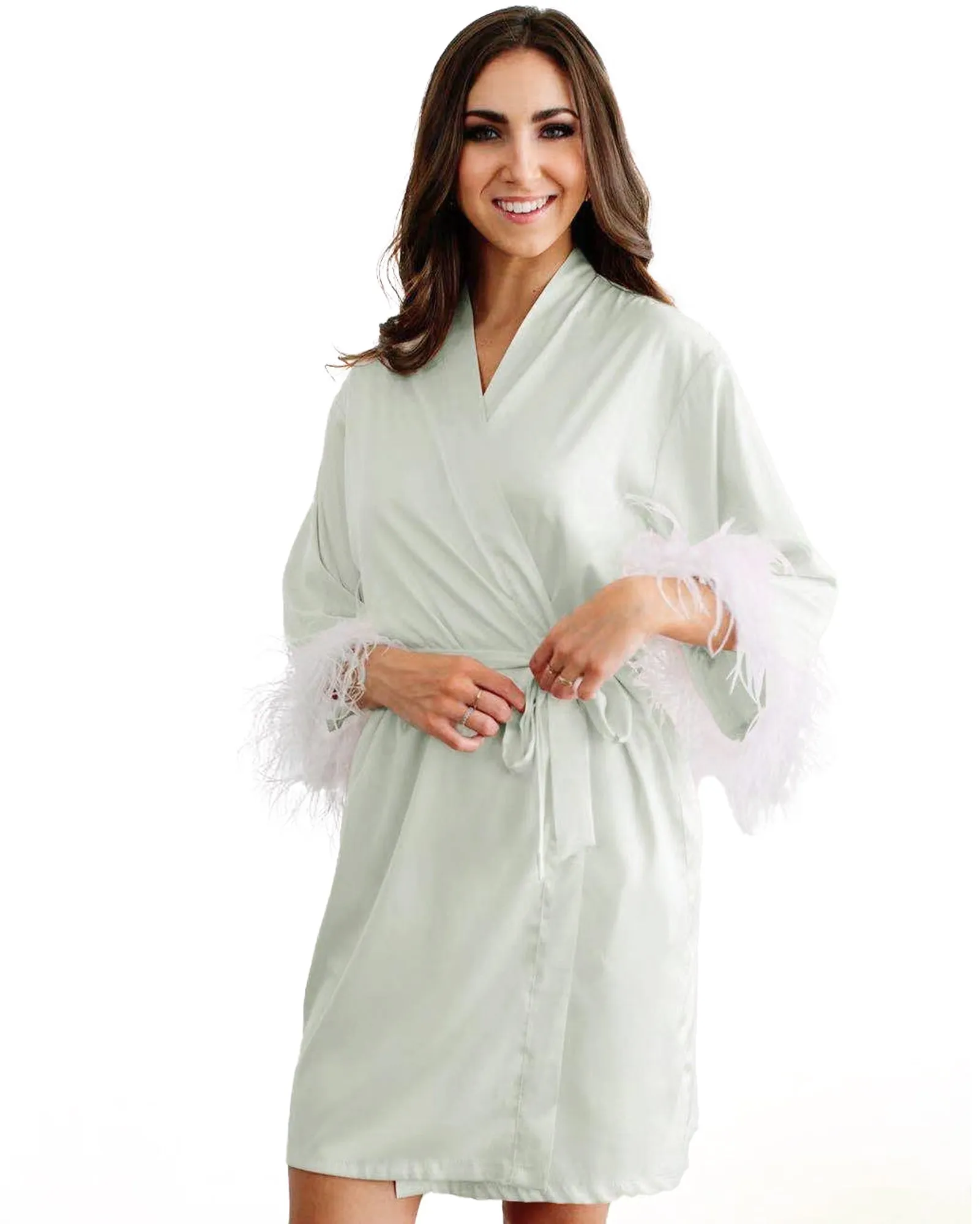 Short Feather Trim Satin Robe