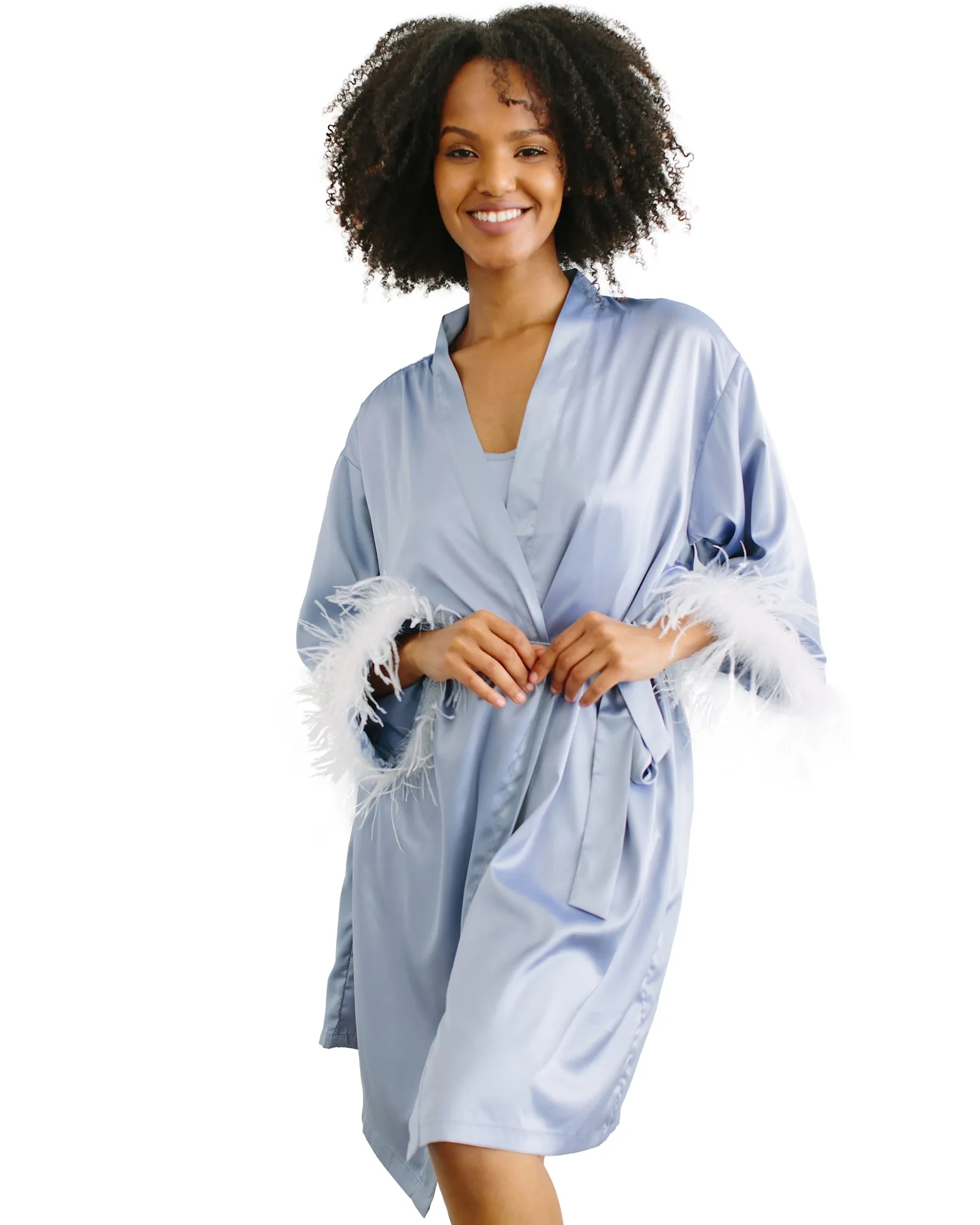 Short Feather Trim Satin Robe