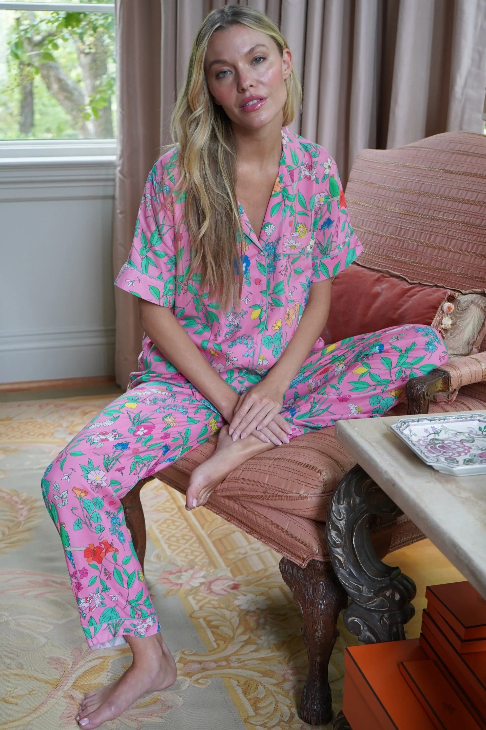 Short Sleeve and Pant Pajama Set in Pink Wildflower